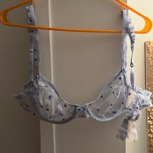 For Love and Lemons Balconet Bra in blue lace with polka dots; sexy lingerie